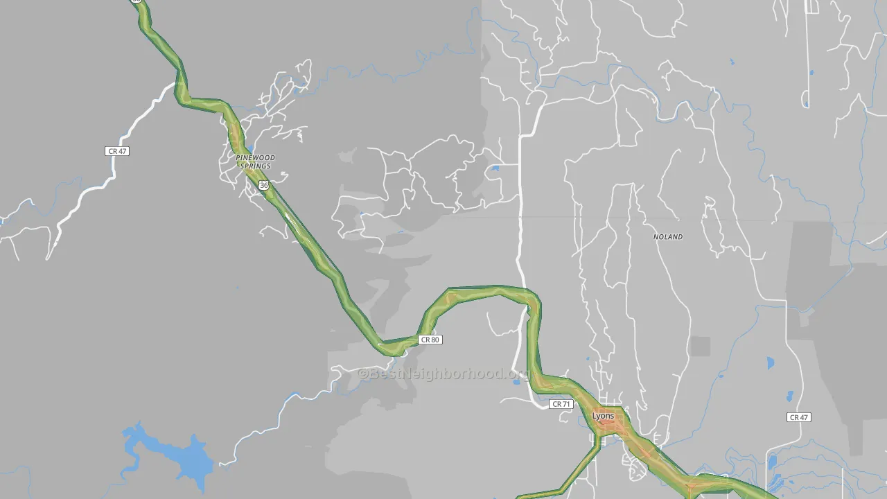 Pinewood Springs, CO Map of Noise Levels in Pinewood Springs