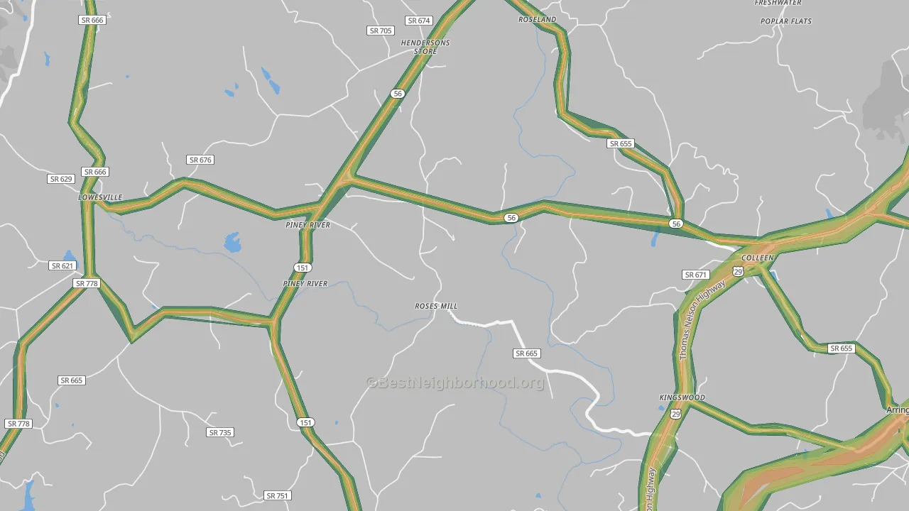 Piney River, VA Map of Noise Levels in Piney River