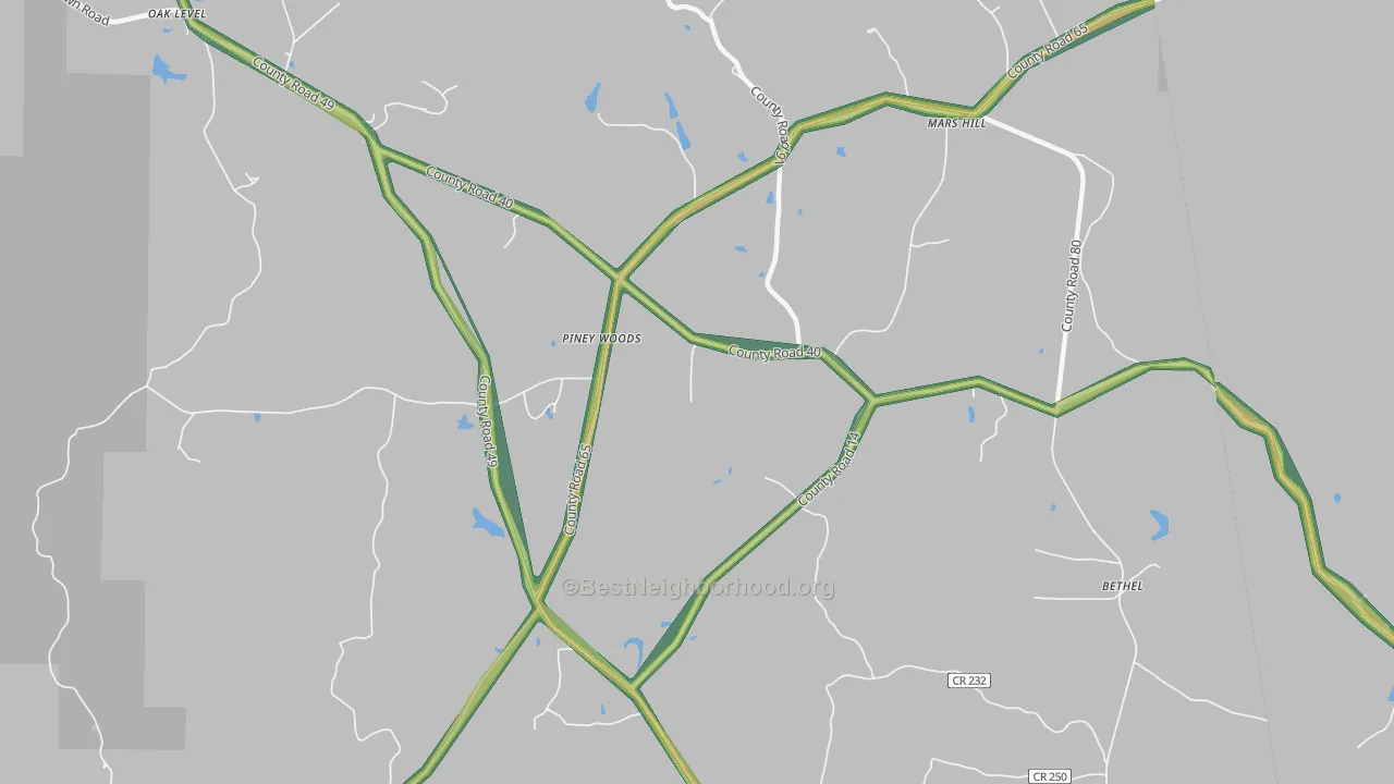 Piney Woods, AL Map of Noise Levels in Piney Woods