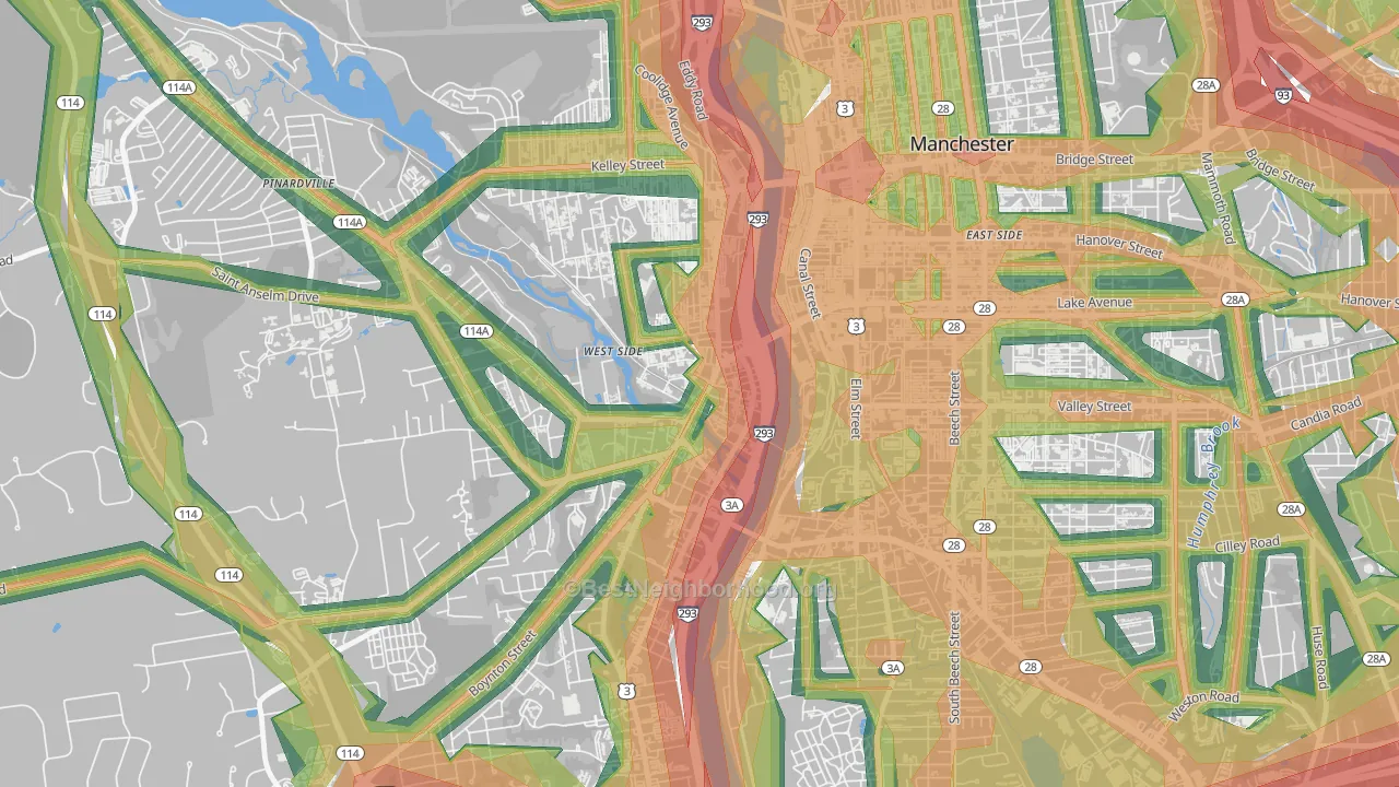 Piscataquog, Manchester, NH Map of Noise Levels in Piscataquog