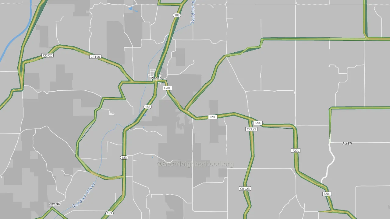 Pisgah, IA Map of Noise Levels in Pisgah