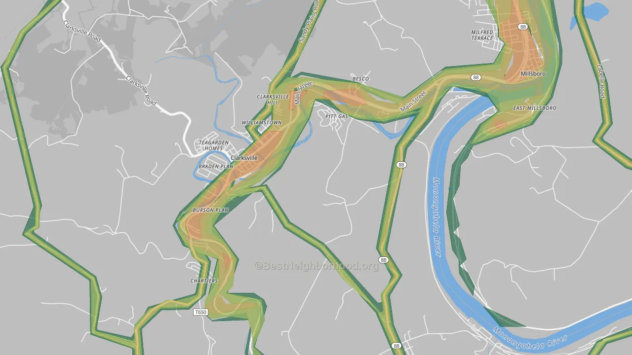 Pitt Gas, PA Map of Noise Levels in Pitt Gas