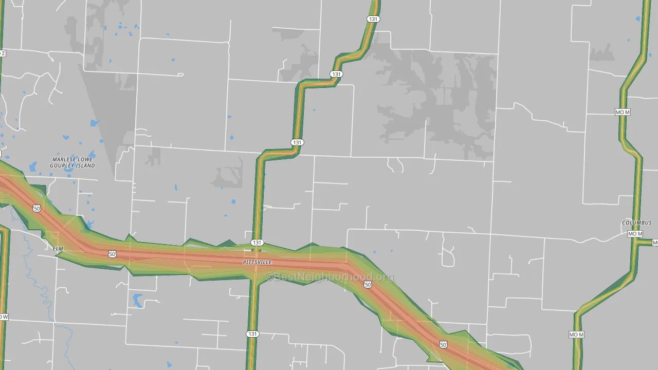 Pittsville, MO Map of Noise Levels in Pittsville