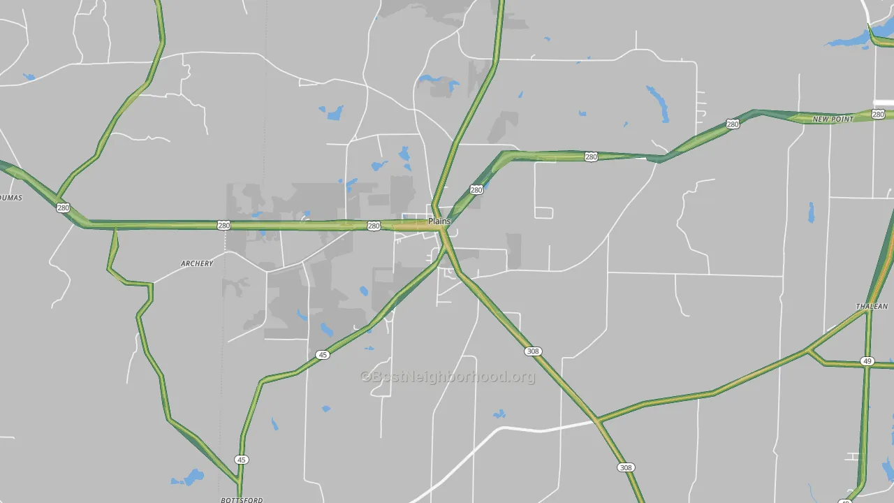 Plains, GA Map of Noise Levels in Plains