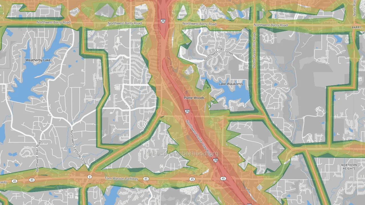 Platte Woods, MO Map of Noise Levels in Platte Woods