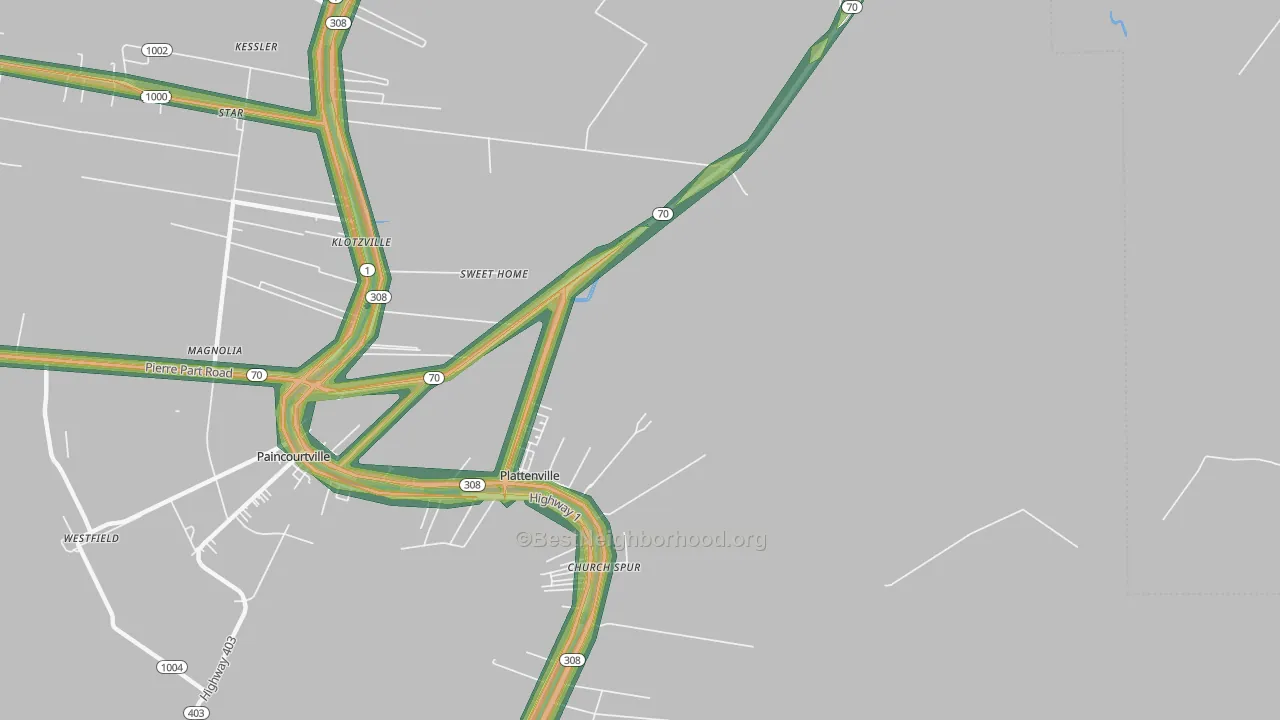 Plattenville, LA Map of Noise Levels in Plattenville