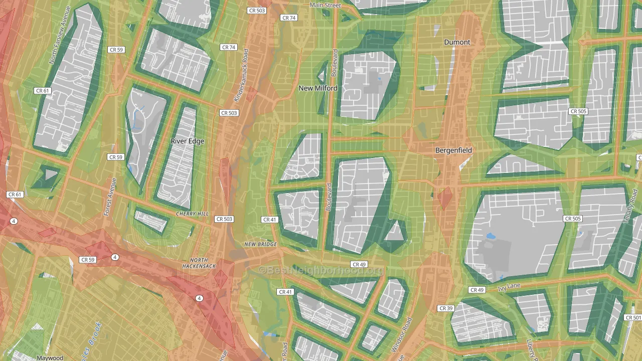 Pleasant Acres, New Milford, NJ Map of Noise Levels in Pleasant Acres