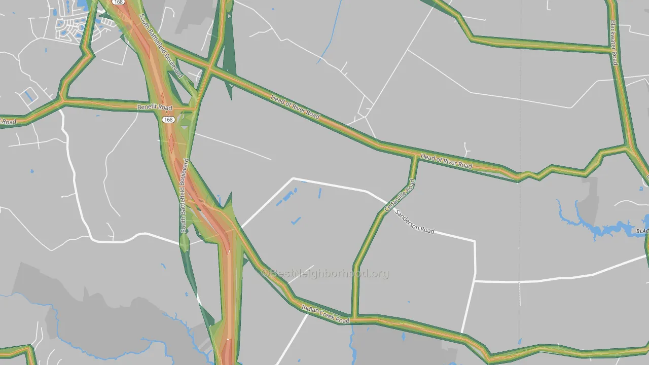 Pleasant Grove East, Chesapeake, VA Map of Noise Levels in Pleasant Grove East