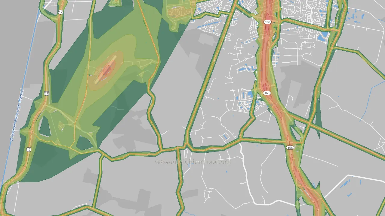 Pleasant Grove West, Chesapeake, VA Map of Noise Levels in Pleasant Grove West