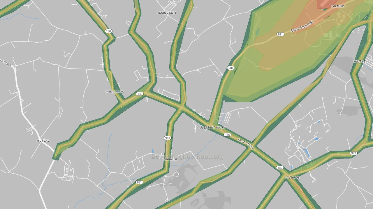 Pleasant Unity, PA Map of Noise Levels in Pleasant Unity