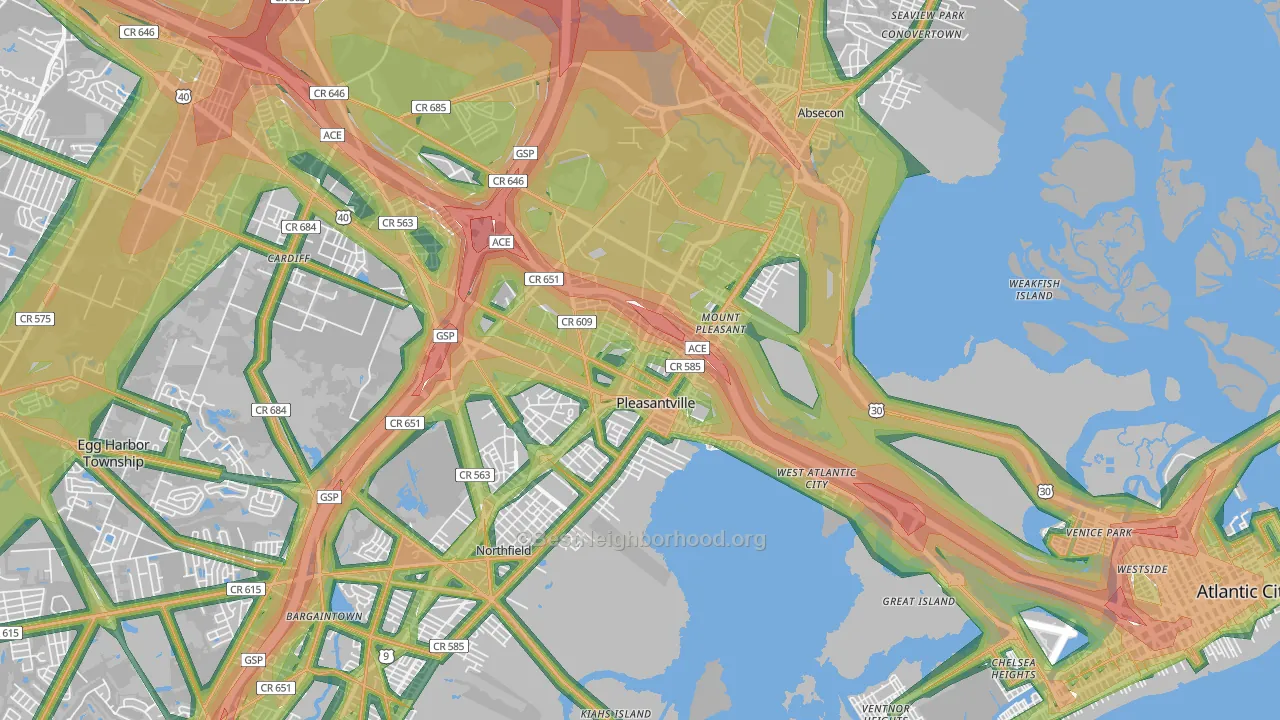 Pleasantville, NJ Map of Noise Levels in Pleasantville
