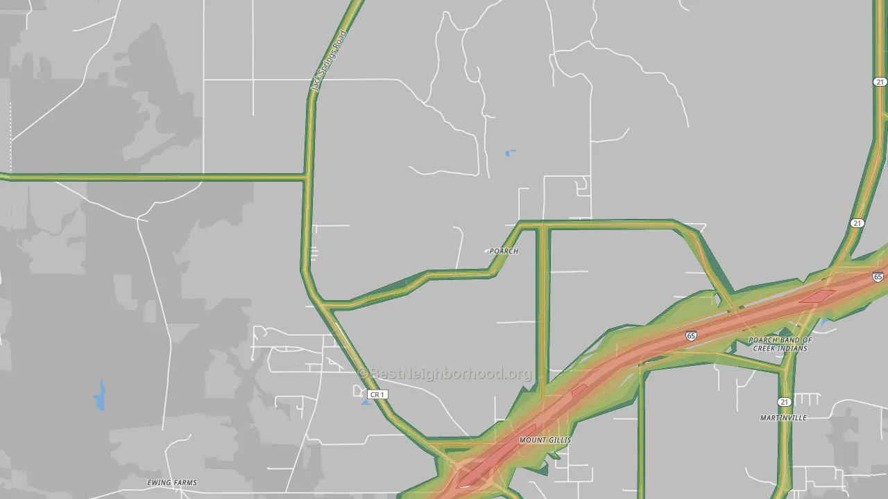 Poarch, AL Map of Noise Levels in Poarch