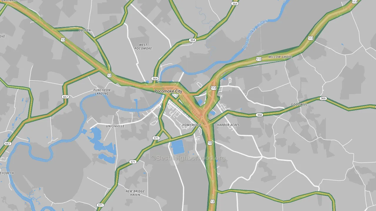 Pocomoke City, MD Map of Noise Levels in Pocomoke City