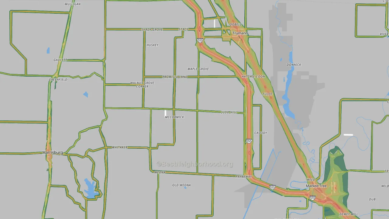 Poinsett County, AR Map of Noise Levels in Poinsett County