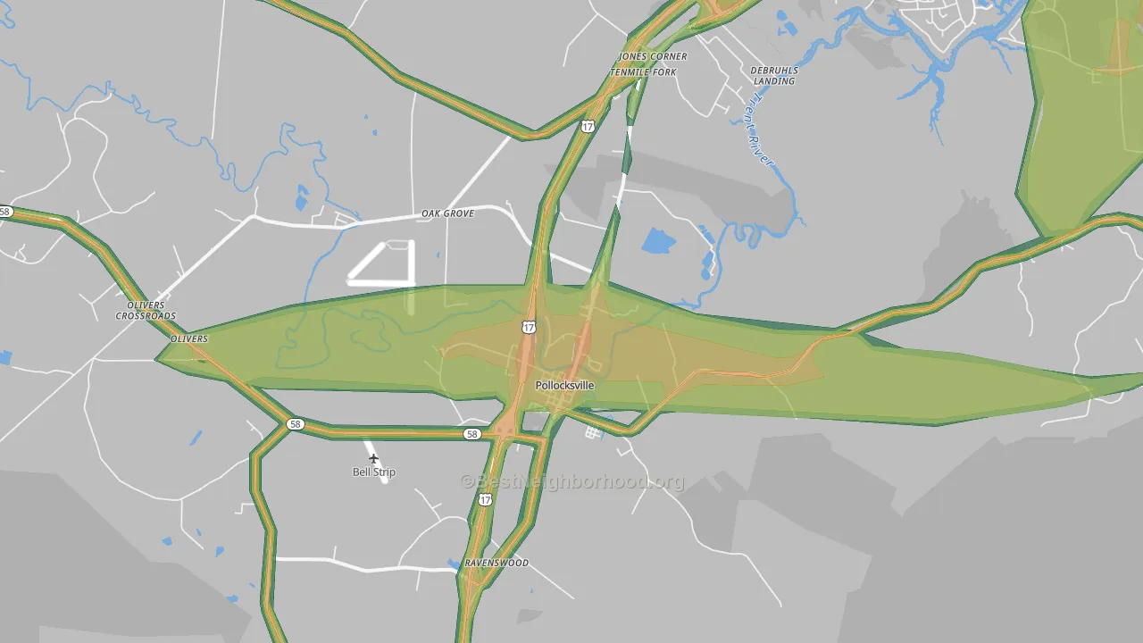 Pollocksville, NC Map of Noise Levels in Pollocksville