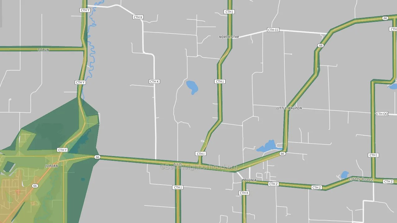 Polonia, WI Map of Noise Levels in Polonia
