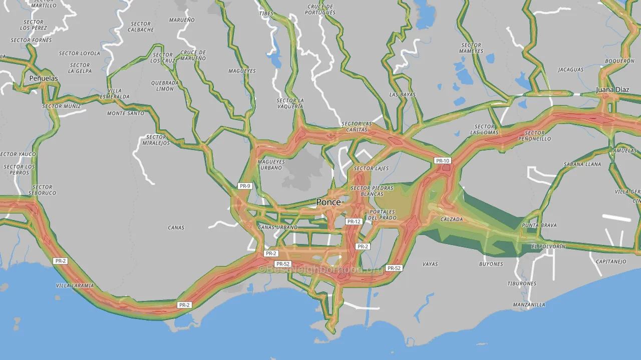 Ponce Municipio, PR Map of Noise Levels in Ponce Municipio