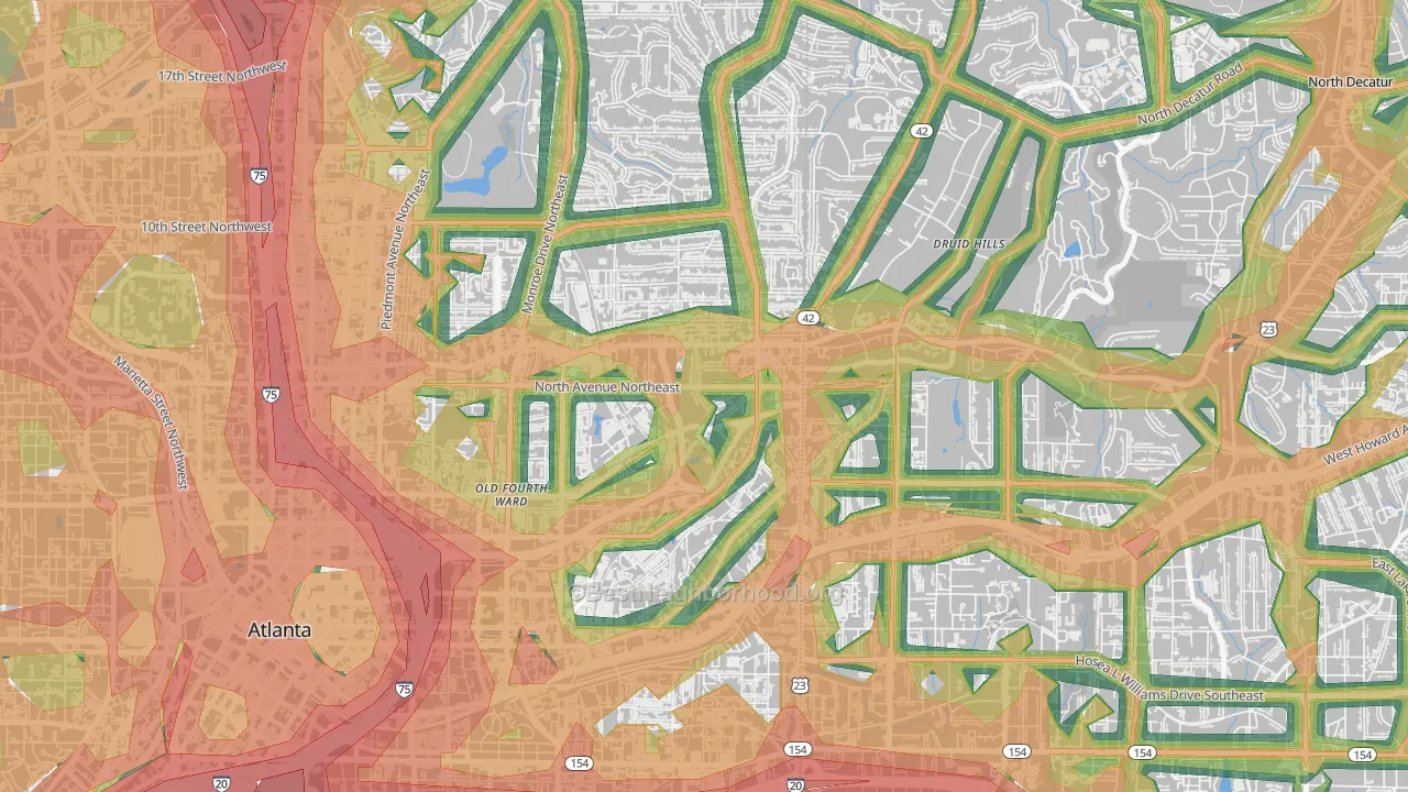 Poncey-Highland, Atlanta, GA Map of Noise Levels in Poncey-Highland