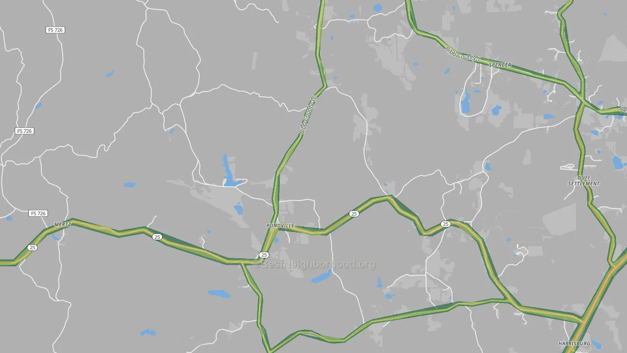 Pondville, AL Map of Noise Levels in Pondville