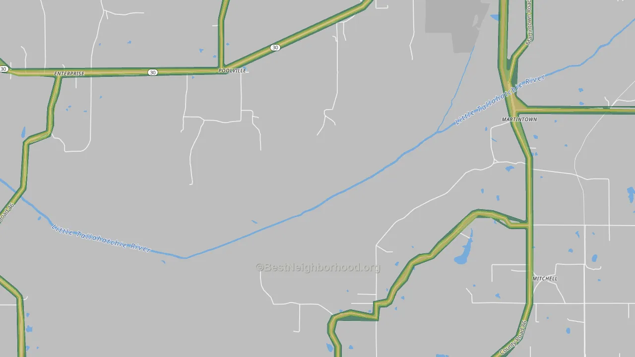 Poolville, MS Map of Noise Levels in Poolville