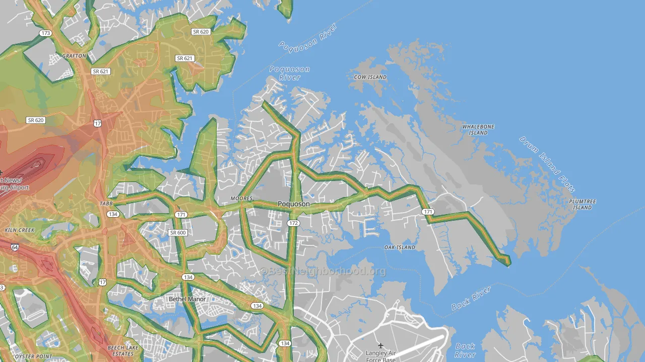 Poquoson, VA Map of Noise Levels in Poquoson