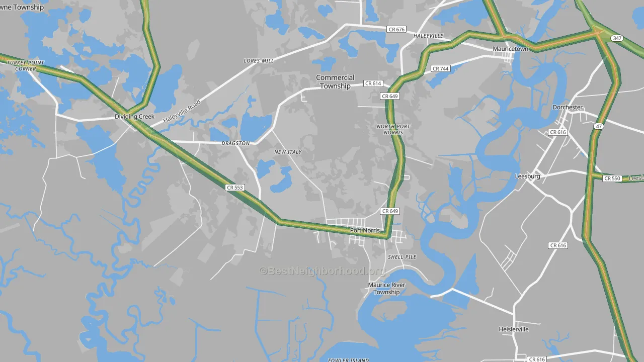 Port Norris, NJ Map of Noise Levels in Port Norris