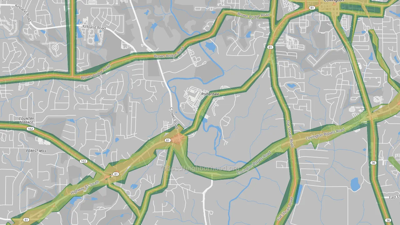 Porterdale, GA Map of Noise Levels in Porterdale