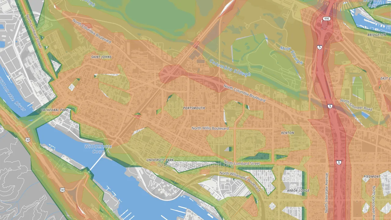 Portsmouth, Portland, OR Map of Noise Levels in Portsmouth