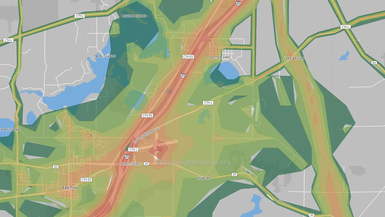 Potter Lake, WI Map of Noise Levels in Potter Lake