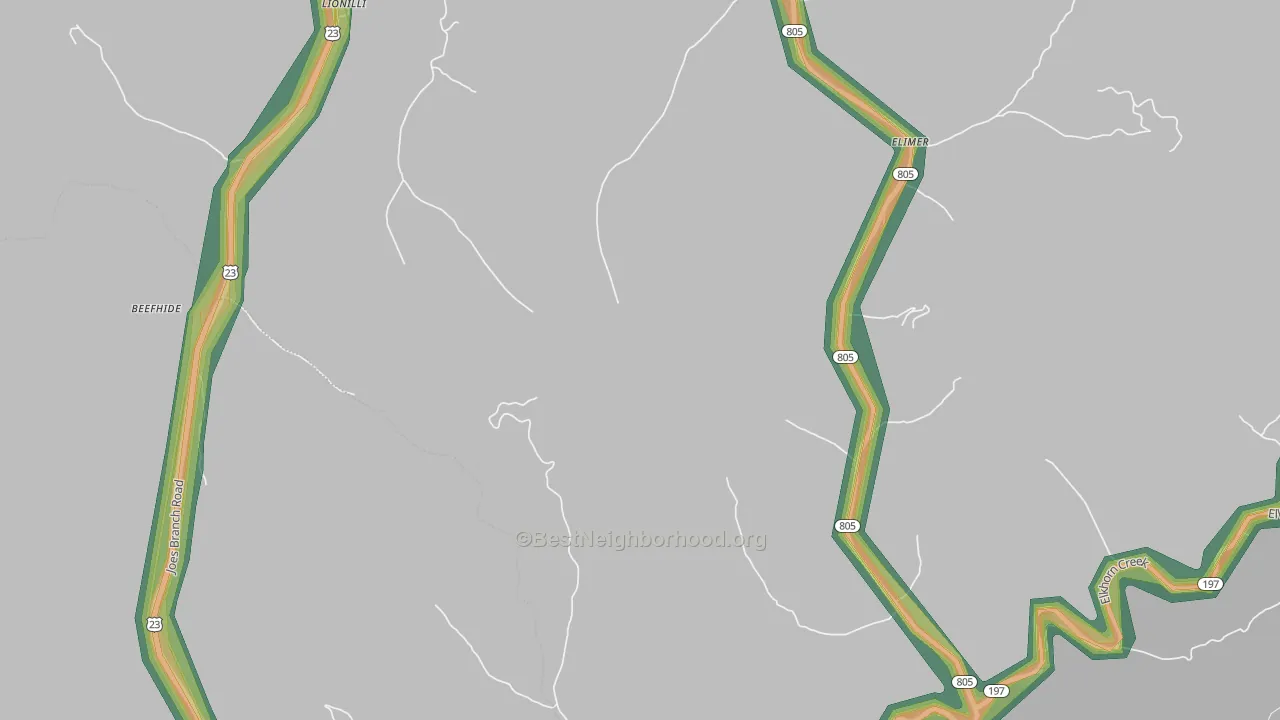 Potters Fork, KY Map of Noise Levels in Potters Fork