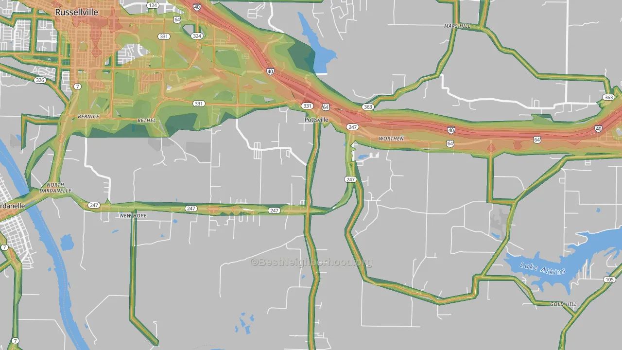 Pottsville, AR Map of Noise Levels in Pottsville