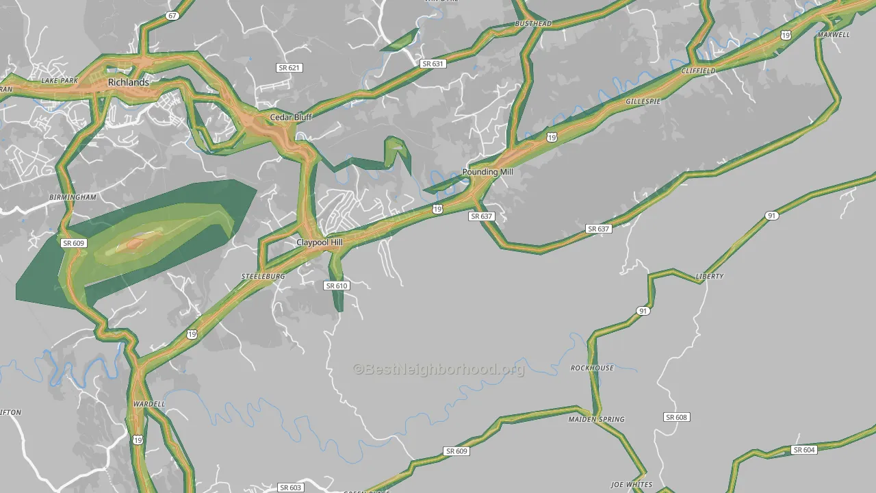 Pounding Mill, VA Map of Noise Levels in Pounding Mill