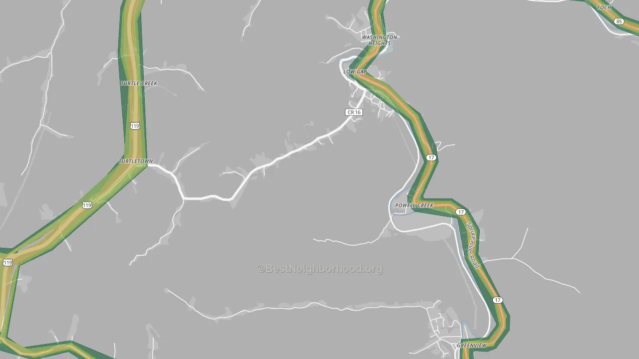 Powell Creek, WV Map of Noise Levels in Powell Creek