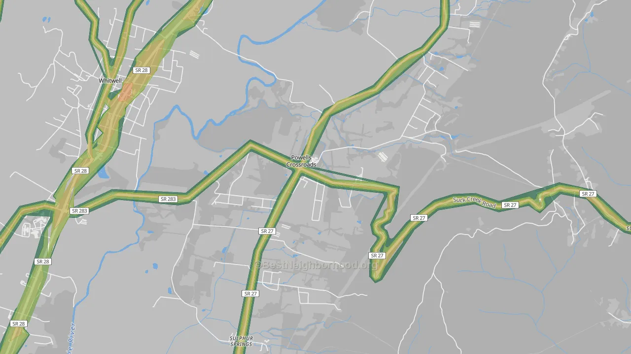 Powells Crossroads, TN Map of Noise Levels in Powells Crossroads