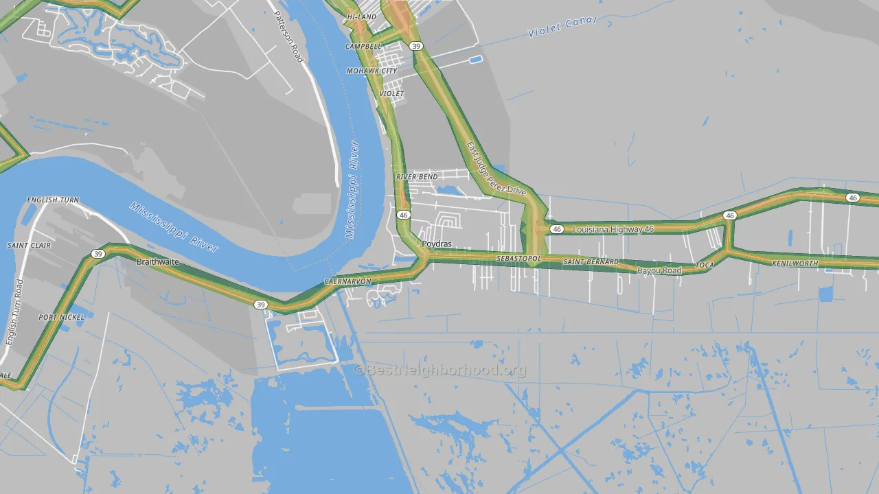 Poydras, LA Map of Noise Levels in Poydras