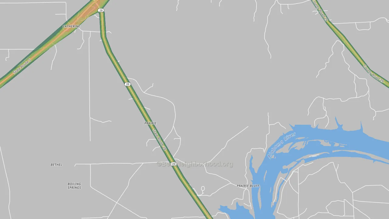 Prairie, AL Map of Noise Levels in Prairie