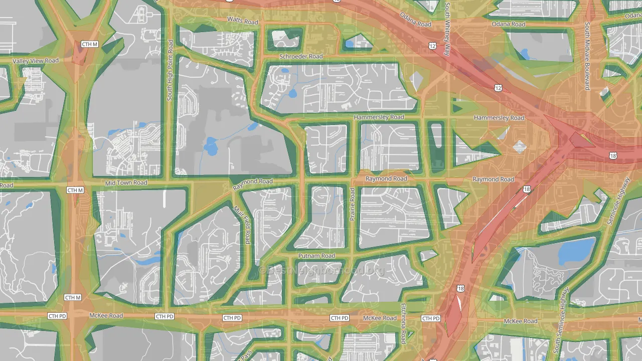Prairie Hills, Madison, WI Map of Noise Levels in Prairie Hills