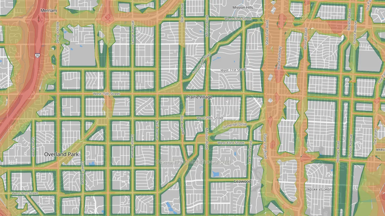 Prairie Village, KS Map of Noise Levels in Prairie Village