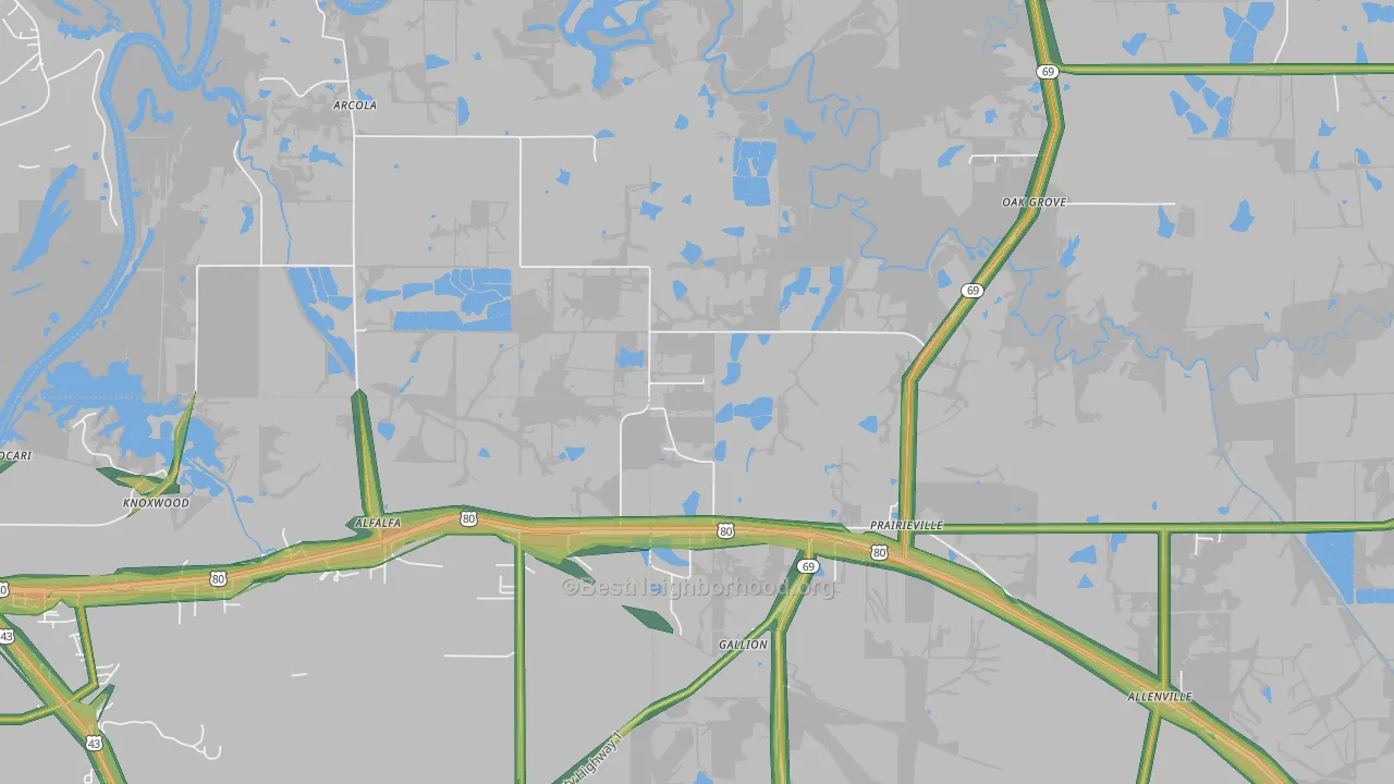 Prairieville, AL Map of Noise Levels in Prairieville