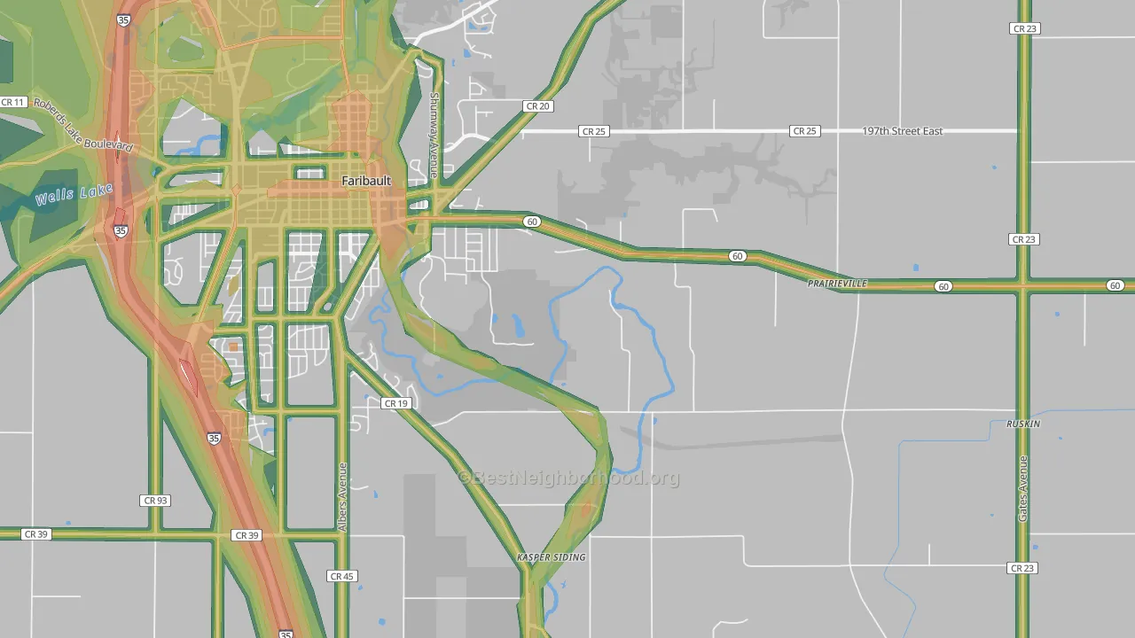 Prairieville, MN Map of Noise Levels in Prairieville