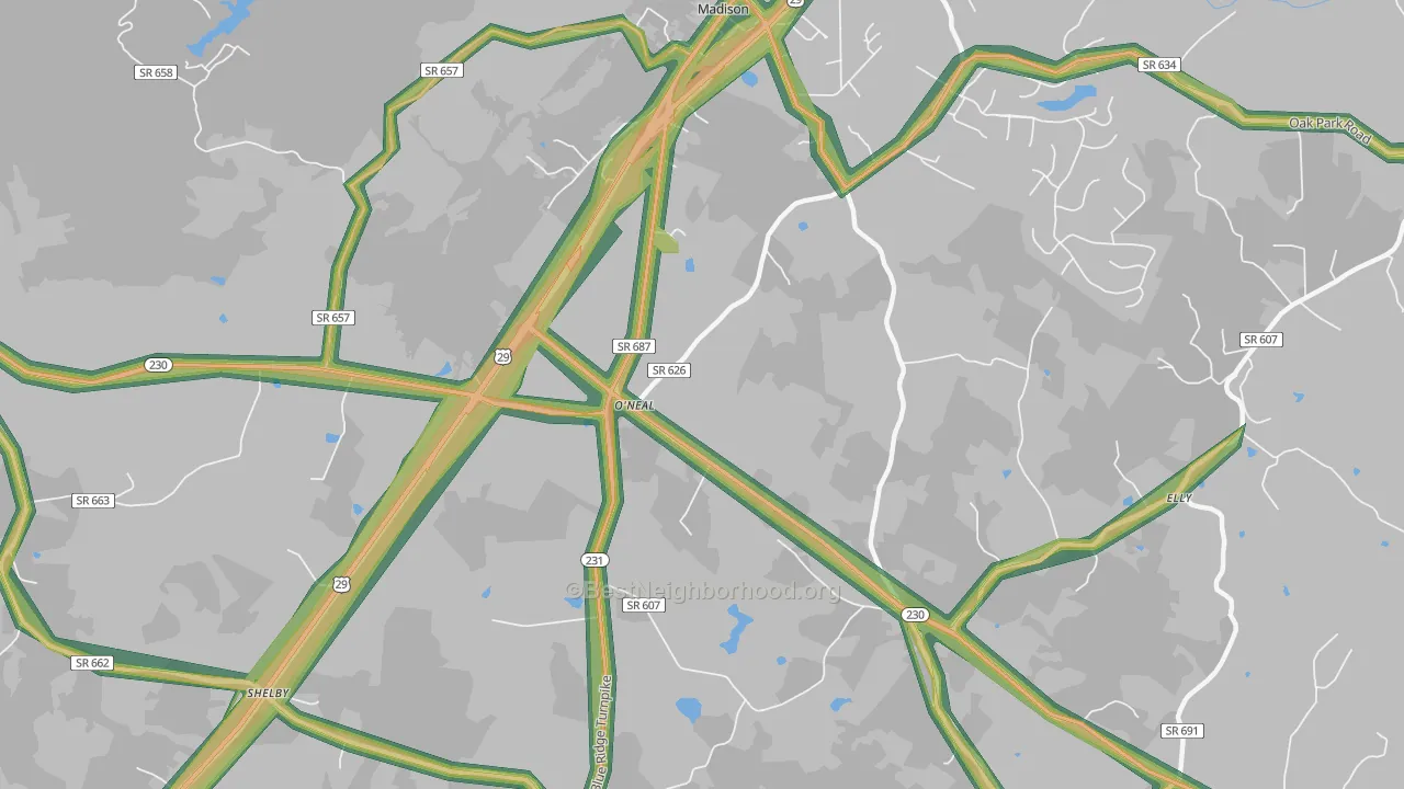 Pratts, VA Map of Noise Levels in Pratts