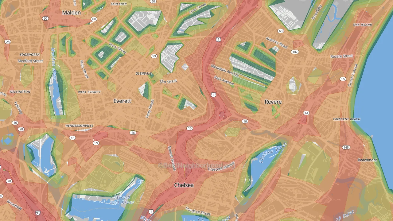 Prattville, Chelsea, MA Map of Noise Levels in Prattville