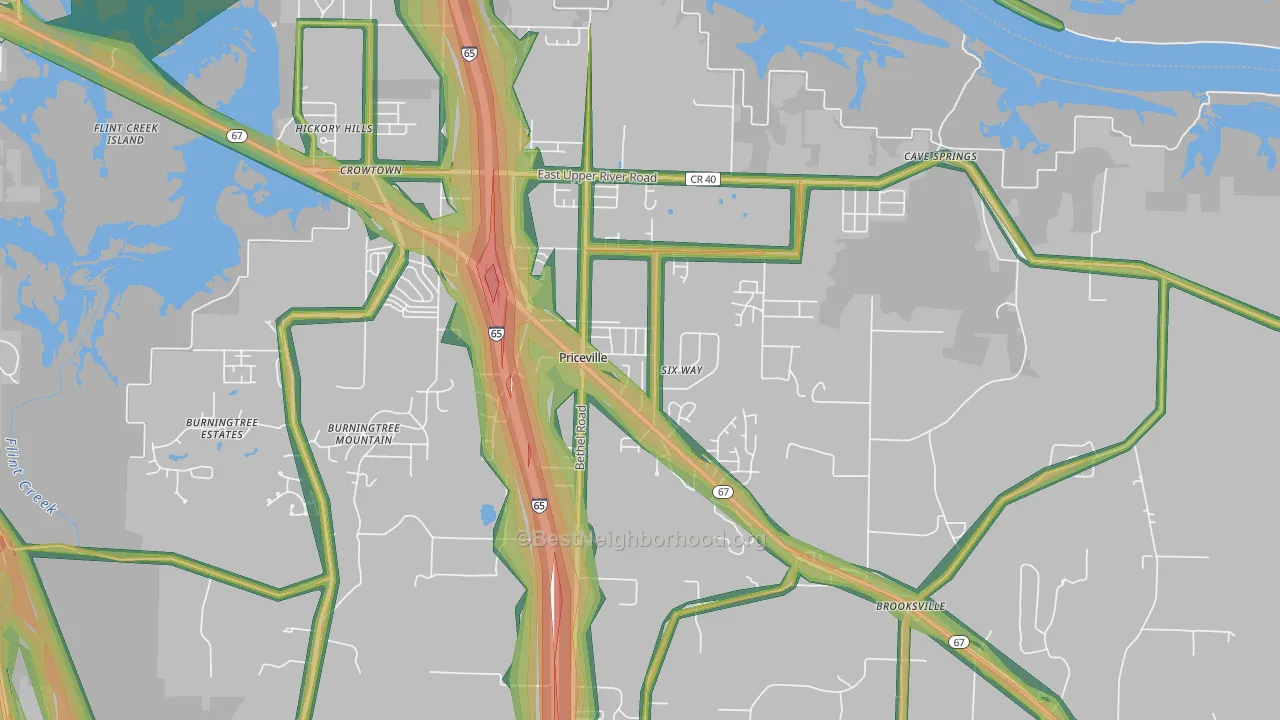 Priceville, AL Map of Noise Levels in Priceville
