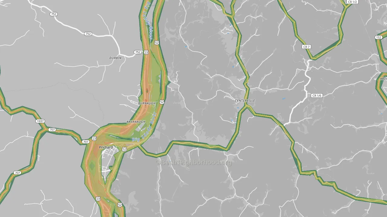 Prichard, WV Map of Noise Levels in Prichard