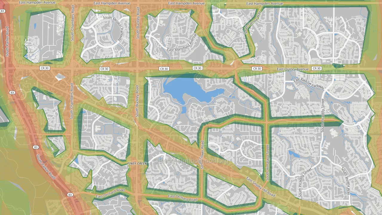 Prides Crossing, Aurora, CO Map of Noise Levels in Prides Crossing