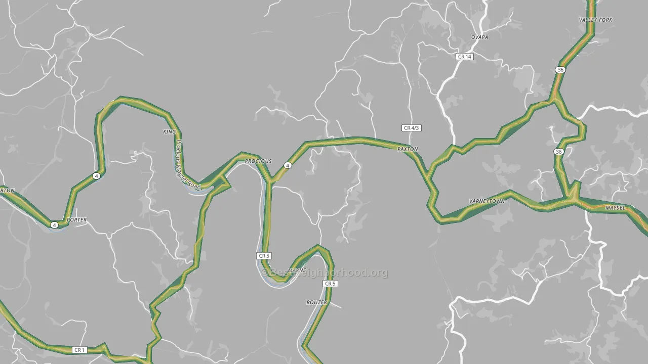 Procious, WV Map of Noise Levels in Procious