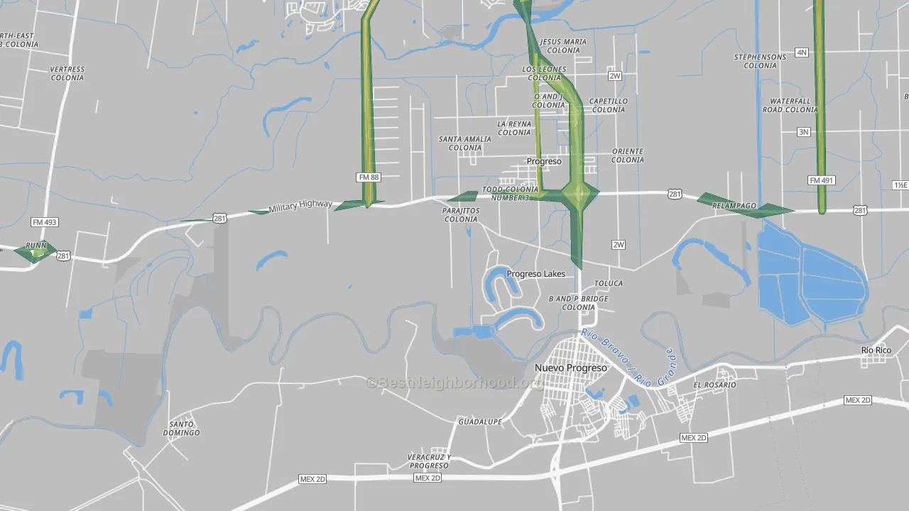 Progreso Lakes, TX Map of Noise Levels in Progreso Lakes