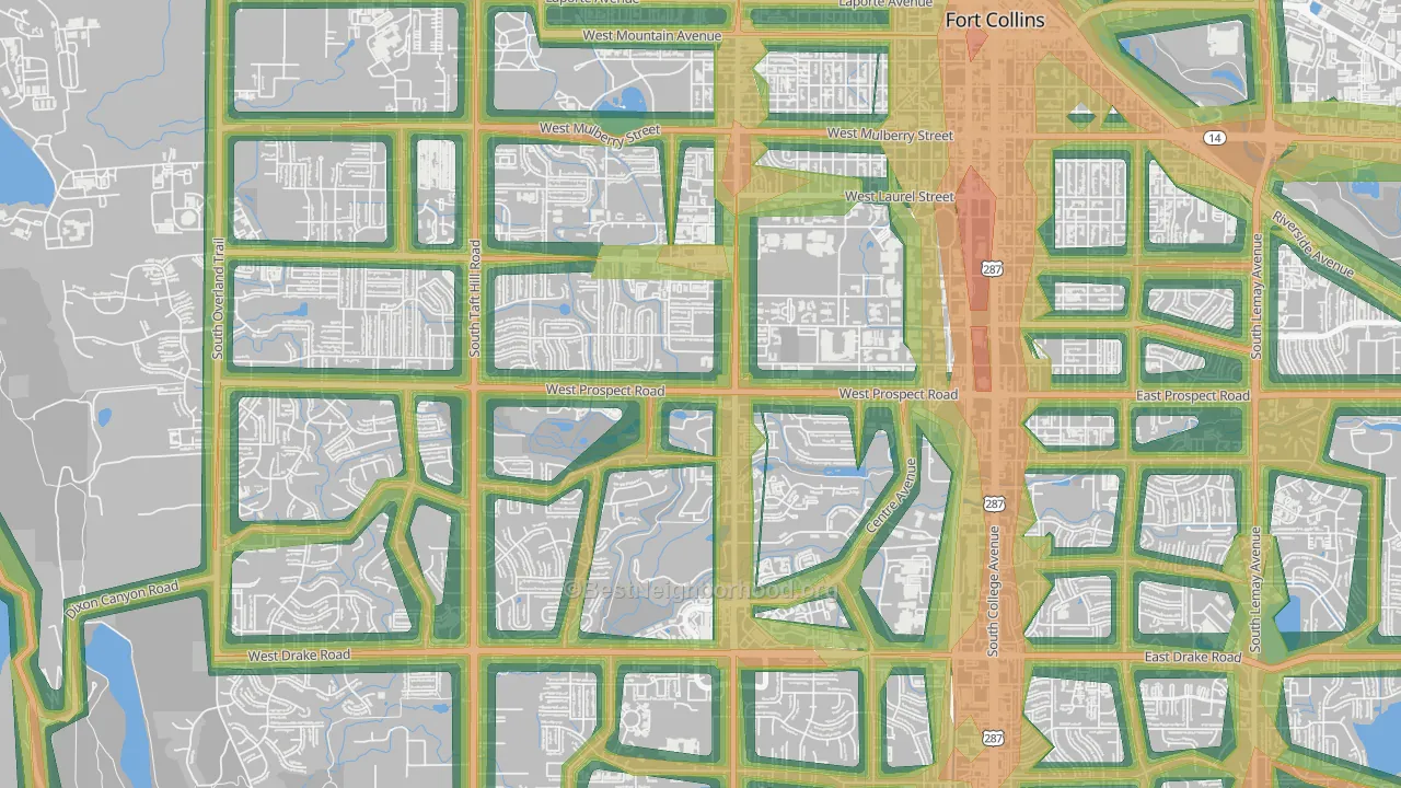 Prospect-Shields, Fort Collins, CO Map of Noise Levels in Prospect-Shields
