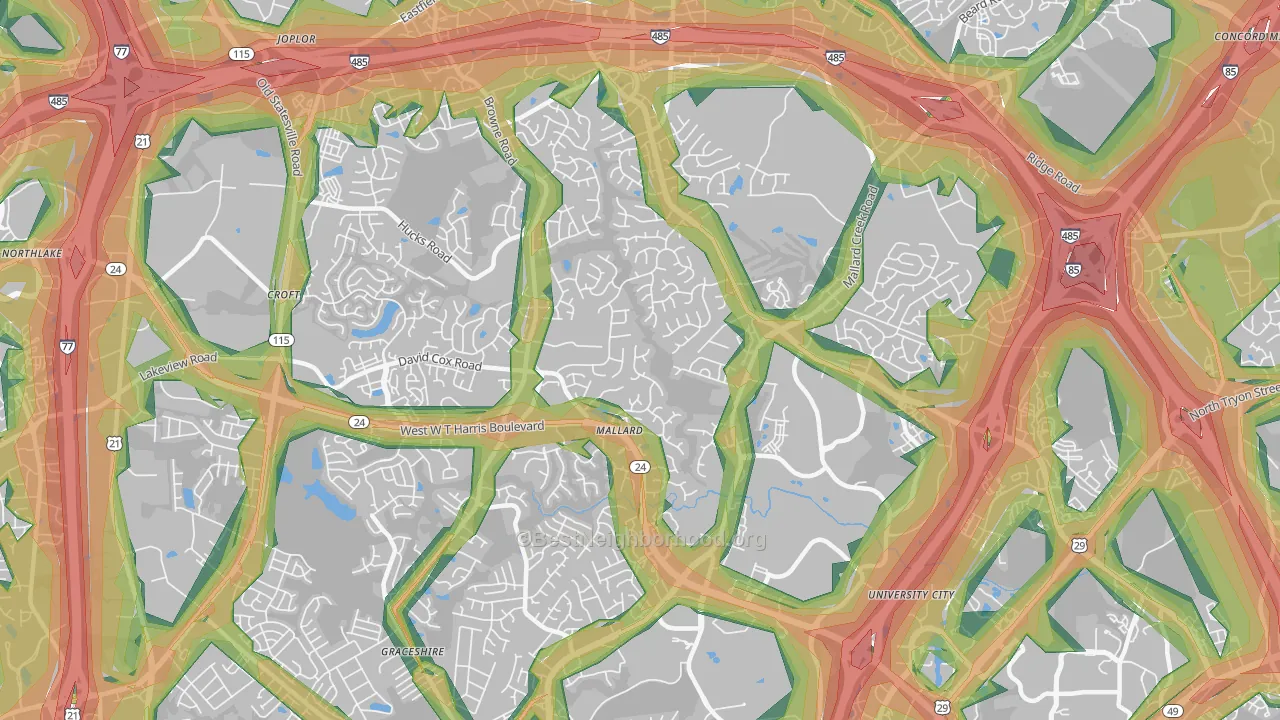 Prosperity Church Road, Charlotte, NC Map of Noise Levels in Prosperity Church Road