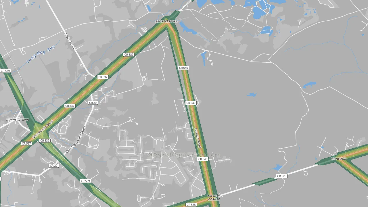 Prospertown, NJ Map of Noise Levels in Prospertown